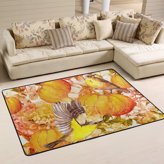 FREEAM Holiday Area Rug 2'x3', Thanksgiving Pumpkins Birds Flowers Watercolor Painting Polyester Area Rug Mat for Living Dining Dorm Room Bedroom Home Decorative