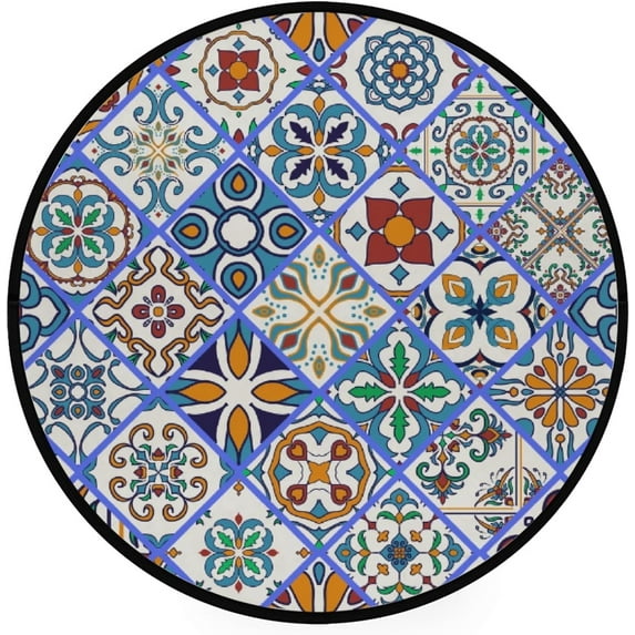 FREEAM Kids Round Nursery Area Rug 3 ft Portuguese Tiles Azulejo Moroccan Ornaments Non Slip Play Mats for Kids Boys Girls Playing Room Living Room