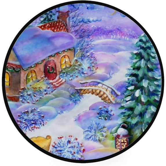 FREEAM Kids Round Nursery Area Rug 4 ft Winter House Forest Bridge Lantern Non Slip Play Mats for Kids Boys Girls Playing Room Living Room