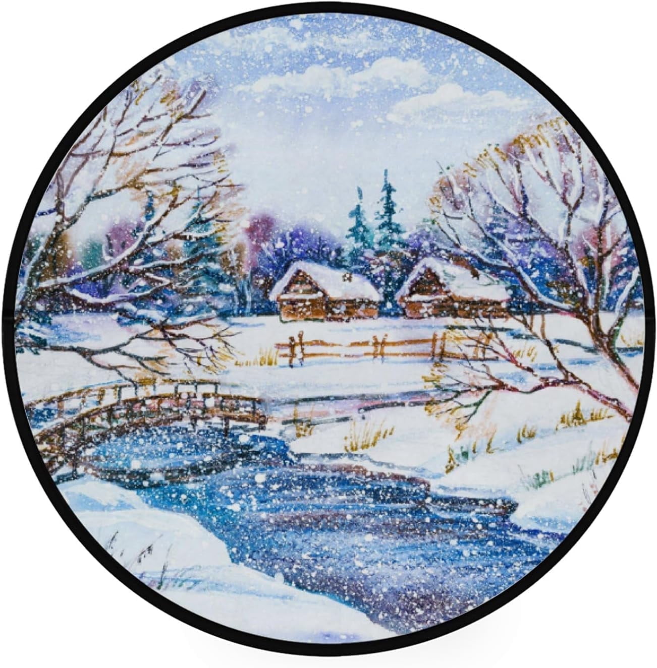 FREEAM Kids Round Nursery Area Rug 4 ft Winter Village River and Wooden ...