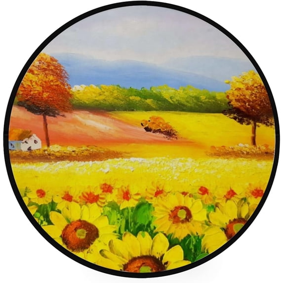 FREEAM Kids Round Nursery Area Rug 5 ft Colorful Sunflowers Oil Painting Non Slip Play Mats for Kids Boys Girls Playing Room Living Room