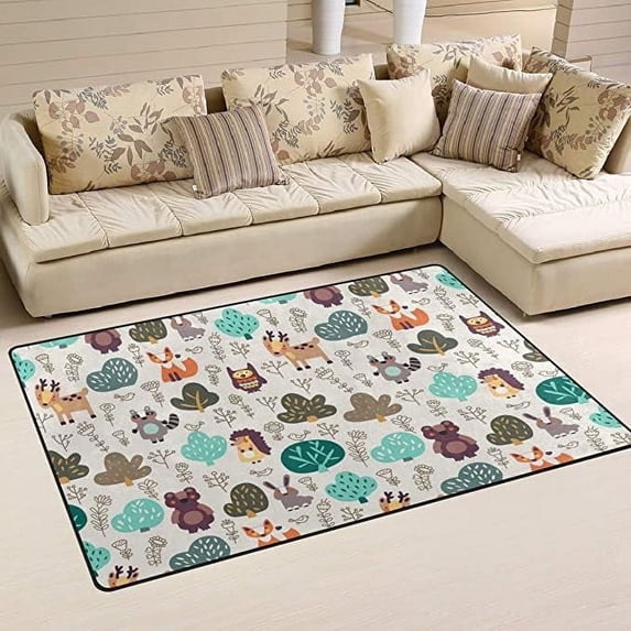 FREEAM Nursery Area Rugs Soft Foam Funny Cartoon Forest Animals Bear Deer Fox Hedgehog 72x48 inch Play Mats for Kids Playing Room Living Room Door Mat