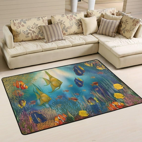 FREEAM Ocean Theme Area Rug 4'x6', Underwater with Tropical Fish Polyester Area Rug Mat for Living Dining Dorm Room Bedroom Home Decorative