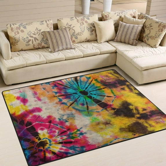FREEAM Rainbow Tie Dye Vintage Area Rug 5'x7', Abstract Polyester Area Rug Mat for Living Dining Dorm Room Bedroom Home Decorative