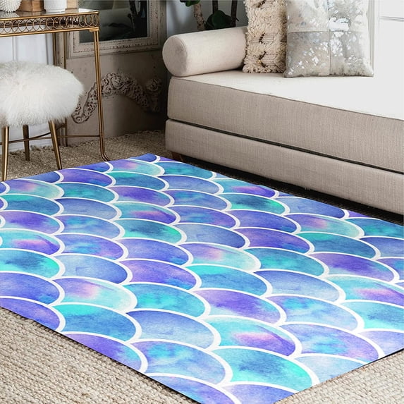 FREEAM Rainbow Watercolor Scales of Mermaid Area Rug Mat for Living Dining Dorm Room Bedroom Home Decorative 5'3"x4'