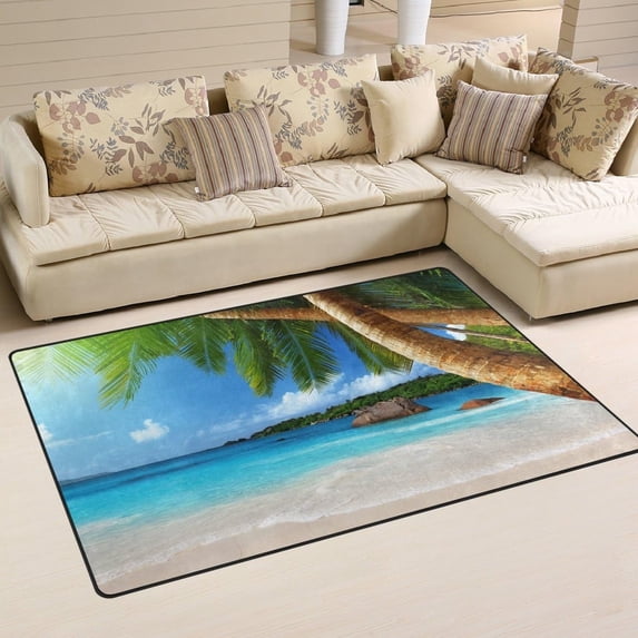 FREEAM Seychelles Beach Area Rug 3'x5', Sea Palm Tree Polyester Area Rug Mat for Living Dining Dorm Room Bedroom Home Decorative