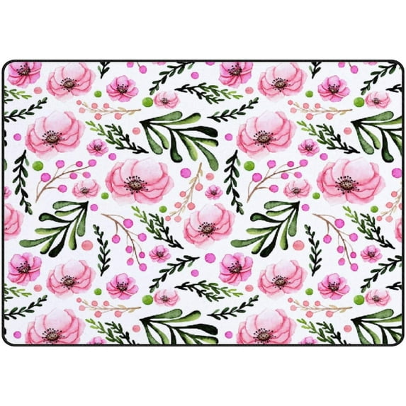 FREEAM Soft Foam Nursery Area Rugs Watercolor Pink Flowers Deep Green Leaves and Spots Non Slip Play Mats for Kids Boys Girls Playing Room Living Room63x48 inch