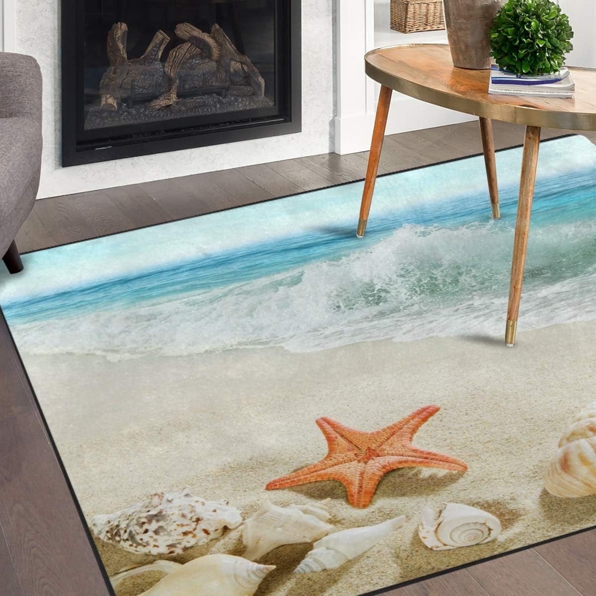 FREEAM Summer Ocean Beach Area Rug 2'x3', Starfish Seashells Polyester Area Rug Mat for Living Dining Dorm Room Bedroom Home Decorative