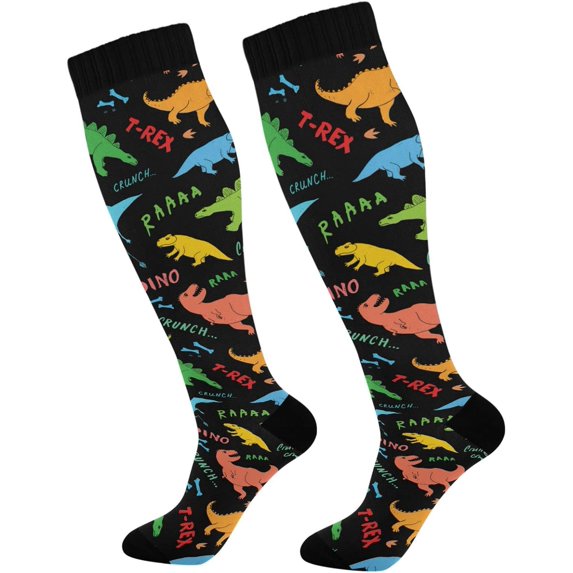 FREEAMG 1 Pair Dinosaurs Pattern Compression Socks 20-30mmHg Knee High Women Socks Tube Athletic Stockings for Men Sport Soccer Running Cycling Medical Nurse Winter Travel