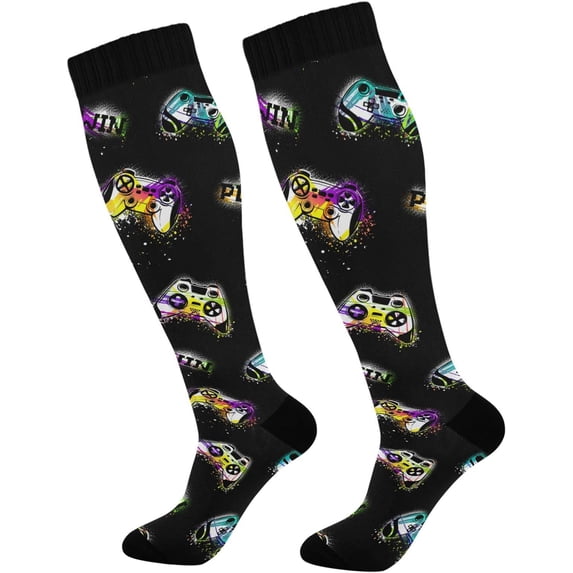 FREEAMG 1 Pair Gamepad Controller Compression Socks 20-30mmHg Knee High Women Socks Tube Athletic Stockings for Men Sport Soccer Running Cycling Medical Nurse Winter Travel