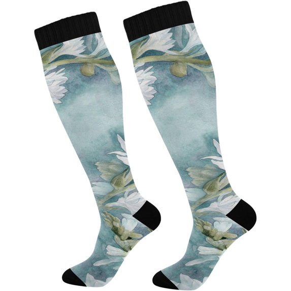 FREEAMG 1 Pair White Flower Watercolor Compression Socks 20-30mmHg Knee High Women Socks Tube Athletic Stockings for Men Sport Soccer Running Cycling Medical Nurse Winter Travel
