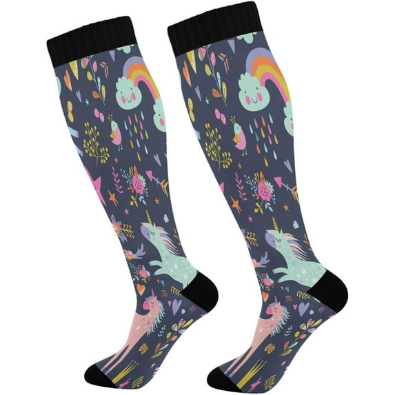 FREEAMG 1 Pairs Cartoon Unicorn Compression Socks for Women Men Knee High Stocking for Running,Athletic,Medical