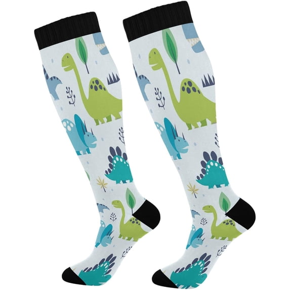 FREEAMG 1 Pairs Cute Dinosaur Compression Socks for Women Men Knee High Stocking for Running,Athletic,Medical