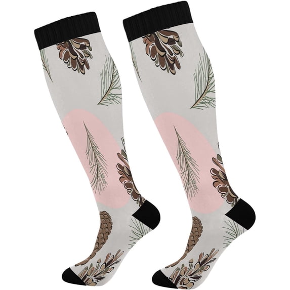 FREEAMG 1 Pairs Pine Cones and Pine Leaves Compression Socks for Women Men Knee High Stocking for Running,Athletic,Medical