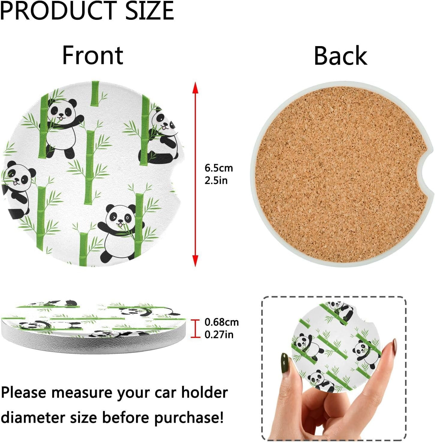 FREEAMG 2 Pack Cute Panda Car Cup Holder Coaster Anti Slip Car Coasters