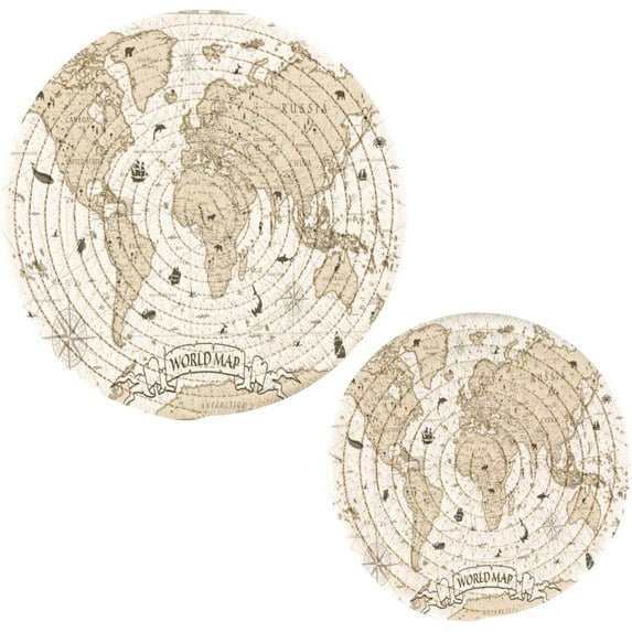 FREEAMG 2-Pcs Vintage World Map Trivet Pot Holder - Round Woven Potholders Set Heat Resistant for Hot Dishes, Plates,Kitchen Hot Pads Trivets