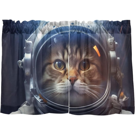 FREEAMG 24 Inch Length Kitchen Curtains Astronauts Cats 2 Panels Half Window Sheer Curtains Rod Pocket Farmhouse Short Drapes for Bathroom Cafe Basement