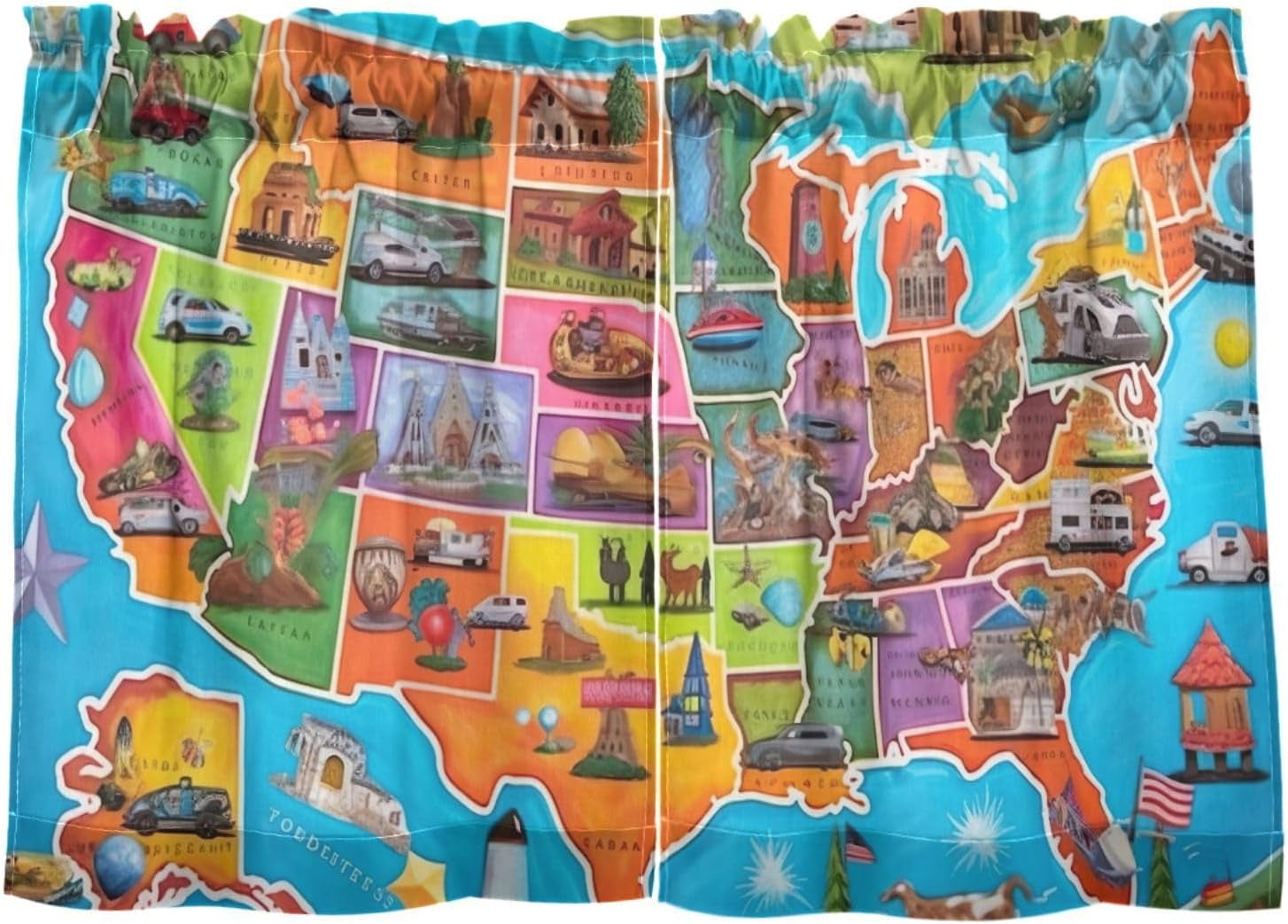 FREEAMG 24 Inch Length Kitchen Curtains Cartoon American Map 2 Panels ...