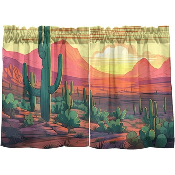 FREEAMG 24 Inch Length Kitchen Curtains Desert Cactus 2 Panels Half Window Sheer Curtains Rod Pocket Farmhouse Short Drapes for Bathroom Cafe Basement