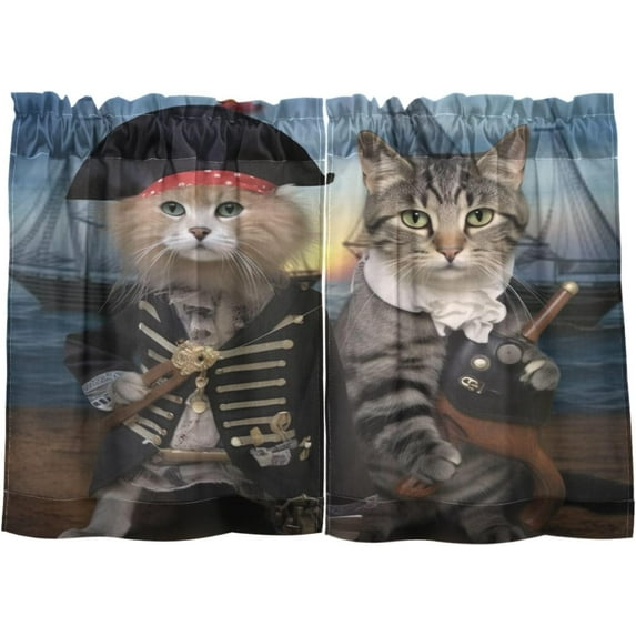 FREEAMG 24 Inch Length Kitchen Curtains Pirate Captain Cat 2 Panels Half Window Sheer Curtains Rod Pocket Farmhouse Short Drapes for Bathroom Cafe Basement