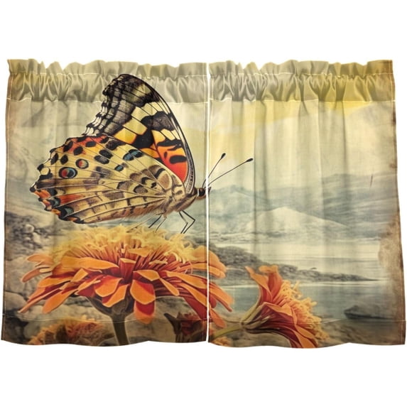 FREEAMG 24 Inch Length Kitchen Curtains Vintage Flowers Butterfly 2 Panels Half Window Sheer Curtains Rod Pocket Farmhouse Short Drapes for Bathroom Cafe Basement