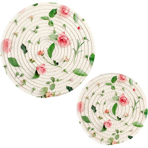 FREEAMG 2PCS Trivets Set Pink Rose & Leaves Heat Resistant Table Potholder Round Pot Holders Trivet Mat for Kitchen Counter Hot Pots and Pans