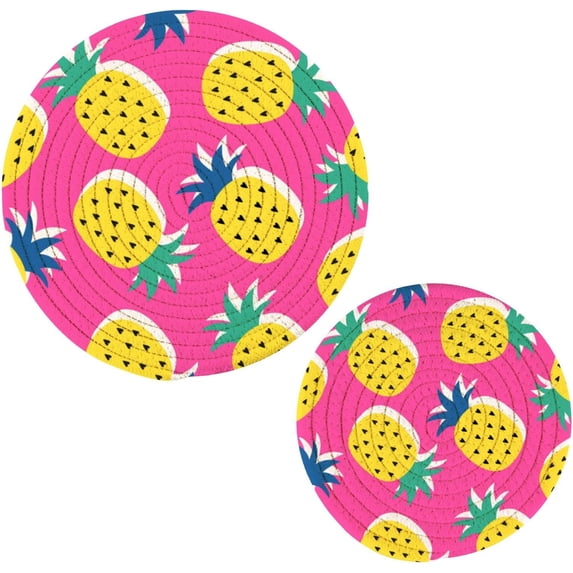 FREEAMG 2PCS Trivets Set Summer Pineapple Heat Resistant Table Potholder Round Pot Holders Trivet Mat for Kitchen Counter Hot Pots and Pans
