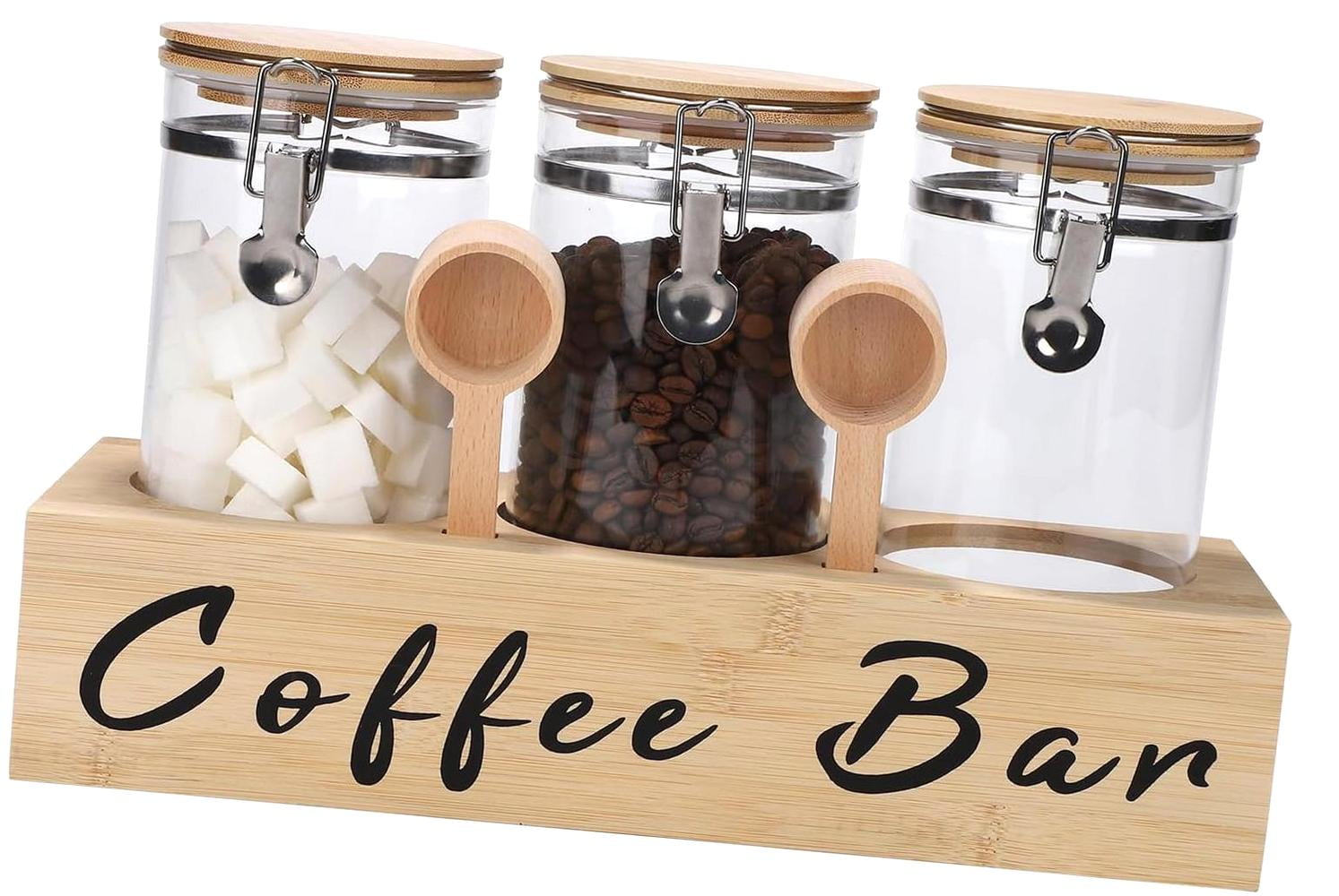 3-Piece Glass Coffee Canister Set With Wooden Shelf - 54 Oz Airtight Jars, Includes Spoons