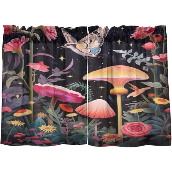 FREEAMG 36 Inch Length Kitchen Curtains Butterflies Mushrooms 2 Panels Half Window Sheer Curtains Rod Pocket Farmhouse Short Drapes for Bathroom Cafe Basement