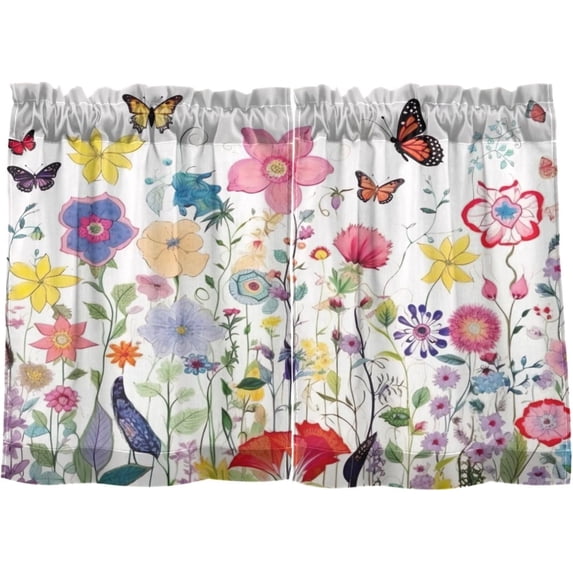 FREEAMG 36 Inch Length Kitchen Curtains Colorful Flowers Butterfly 2 Panels Half Window Sheer Curtains Rod Pocket Farmhouse Short Drapes for Bathroom Cafe Basement