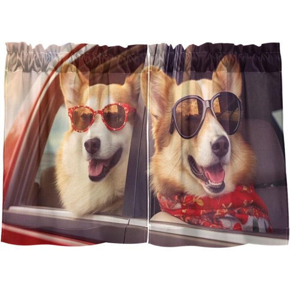 FREEAMG 36 Inch Length Kitchen Curtains Cute Dog 2 Panels Half Window Sheer Curtains Rod Pocket Farmhouse Short Drapes for Bathroom Cafe Basement