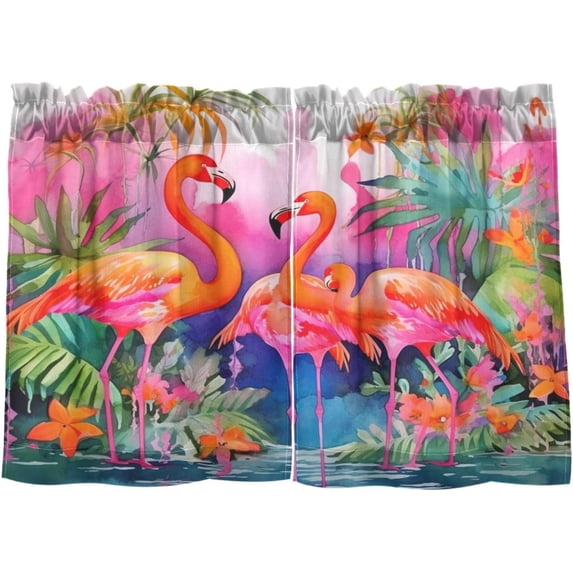 FREEAMG 36 Inch Length Kitchen Curtains Flamingos Palm 2 Panels Half Window Sheer Curtains Rod Pocket Farmhouse Short Drapes for Bathroom Cafe Basement