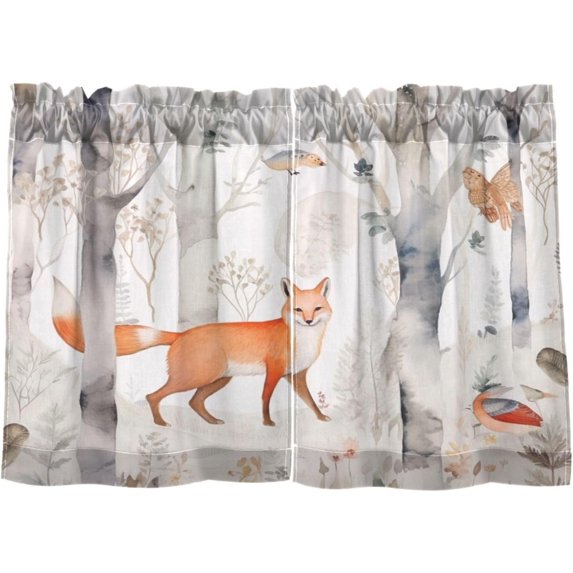 FREEAMG 36 Inch Length Kitchen Curtains Foxes Owls 2 Panels Half Window Sheer Curtains Rod Pocket Farmhouse Short Drapes for Bathroom Cafe Basement