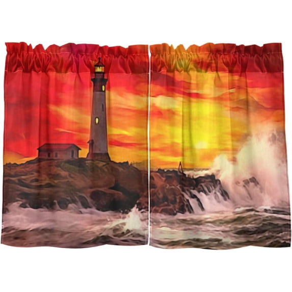 FREEAMG 36 Inch Length Kitchen Curtains Lighthouse 2 Panels Half Window Sheer Curtains Rod Pocket Farmhouse Short Drapes for Bathroom Cafe Basement