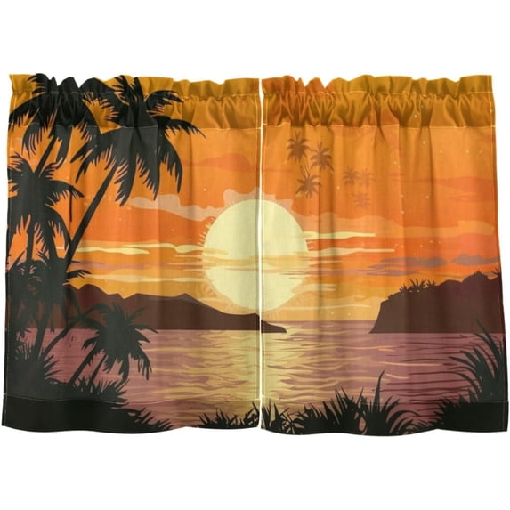 FREEAMG 36 Inch Length Kitchen Curtains Sunset Tree 2 Panels Half Window Sheer Curtains Rod Pocket Farmhouse Short Drapes for Bathroom Cafe Basement