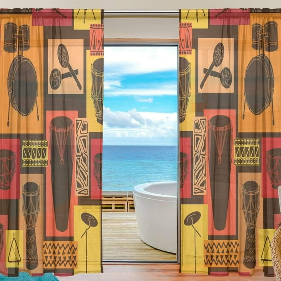 FREEAMG Abstract Geometric Musical African Drum Sheer Curtains Window Voile Panels Drapes Tulle Curtains, Semi Sheer Curtains 84 Inches Long for Living Room Bedroom, Set of 2