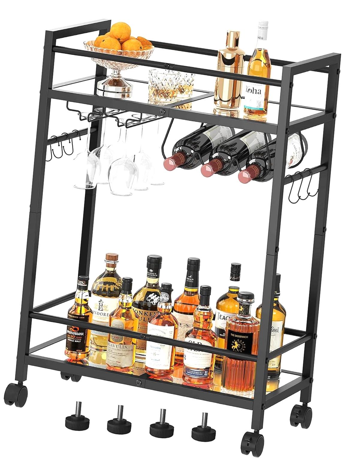 FREEAMG Bar Cart with Rack, Home Serving Trolley, Microwave Stand ...