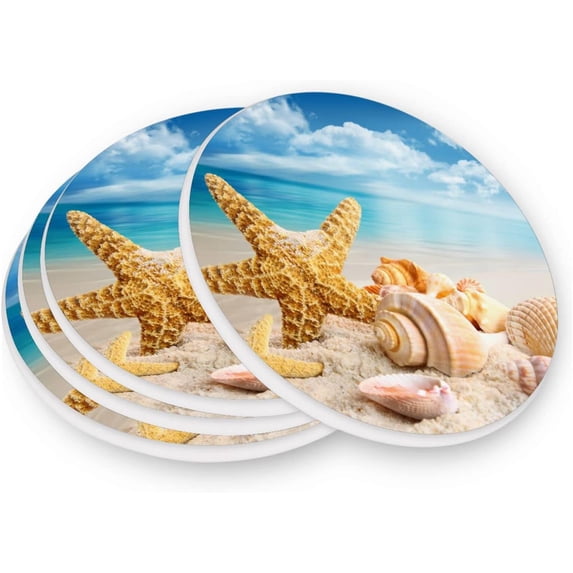 FREEAMG Beach Starfish Seashells Coasters for Drinks Set of 4, Absorbent Ceramic Drink Coaster with Cork Base for Wooden Coffee Table, Cool Housewarming Gift for Home Decor