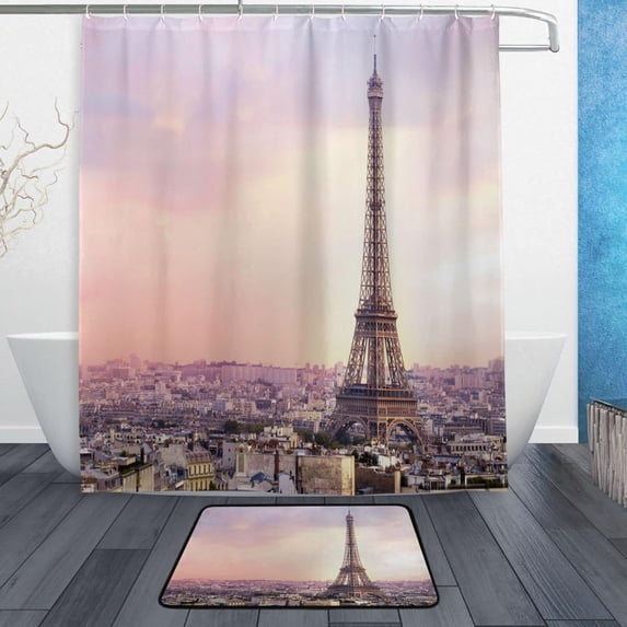 FREEAMG Beautiful Eiffel Tower Paris City Bath Curtain Rugs Sets 2 Pcs, Bathroom Theme Set with Shower Curtain and Non-Slip Carpet -12 Hooks-60X72in