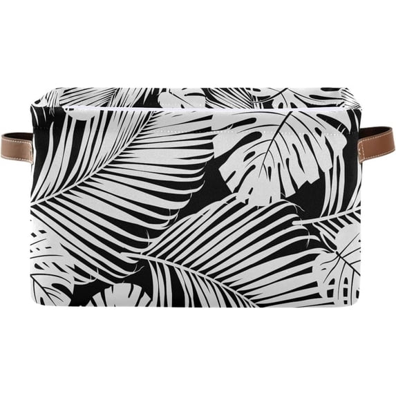 FREEAMG Black Palm Leaf Outline Storage Basket, Durable Canvas Organizer With Handles Large Collapsible Storage Bins Boxes for Home Office - 2 Pack
