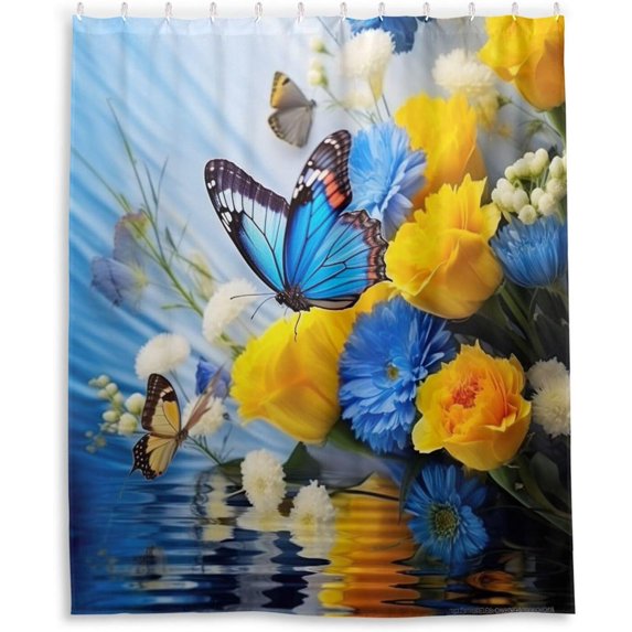 FREEAMG Blue and Yellow Flowers Shower Curtain for Bathroom, Decorative Bath Bathroom Accessories with 12 Pack Hooks for Home Hotels, 60 X 72 in