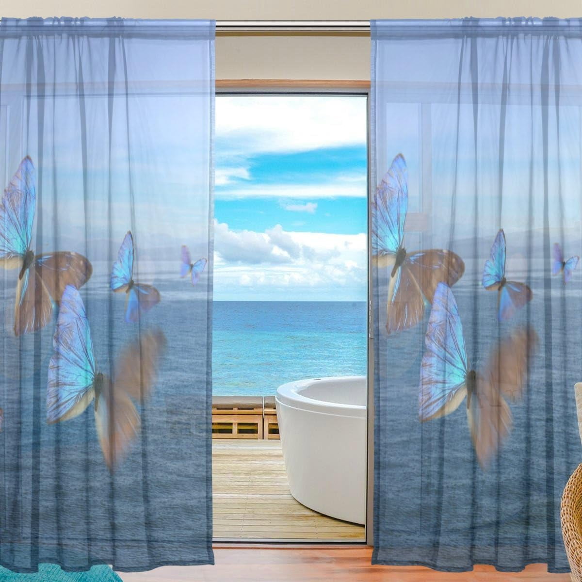 FREEAMG Butterflies Fly Over Sea Sheer Window Curtain Panel Drape 55x78 ...