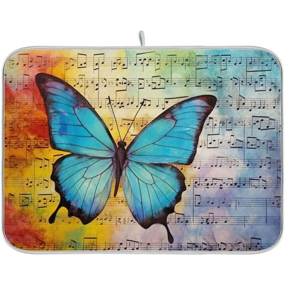 FREEAMG Butterfly Musical Notes Dish Drying Mat for Kitchen Counter, Ultra Absorbent Reversible Microfiber Dishes Drying Rack Pad Heat-resistant Mats 18x24in
