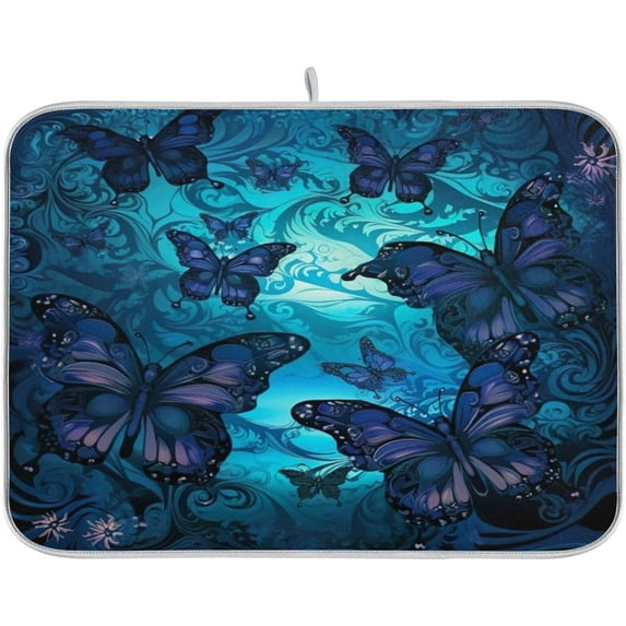 FREEAMG Butterfly Purple Dish Drying Mat for Kitchen Counter, Ultra Absorbent Reversible Microfiber Dishes Drying Rack Pad Heat-resistant Mats 18x24in
