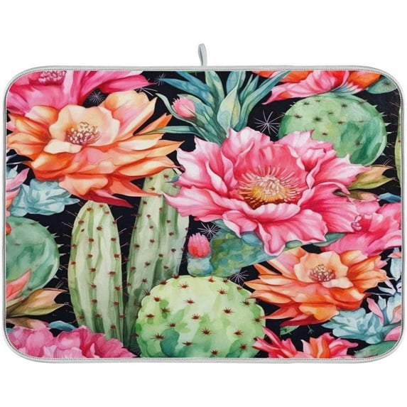 FREEAMG Cactus Flowers Dish Drying Mats Tableware Absorption Water Mat Home Decor Drying Pad for Kitchen Countertop, 16 X 18 Inch