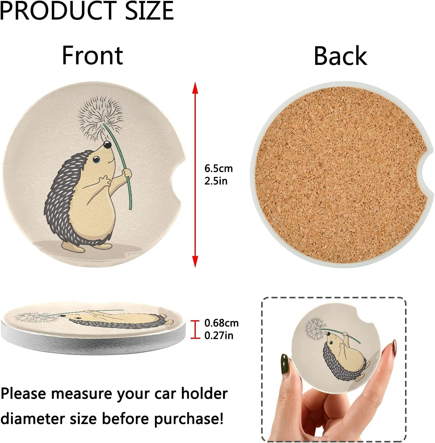 FREEAMG Car Coasters 2 Pack, 2.5inch Hedgehog Animal Absorbent Ceramic
