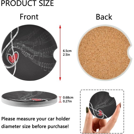 FREEAMG Car Coasters Absorbent Ceramic Cupholder for Drinks, 2 PCS Cup Holder with Cork Back (Love Music Note)