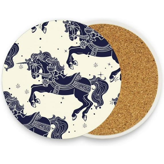 FREEAMG Carousel Horses Coasters for Drinks Set of 2, Absorbent Ceramic Drink Coaster with Cork Base for Wooden Coffee Table, Cool Housewarming Gift for Home Decor
