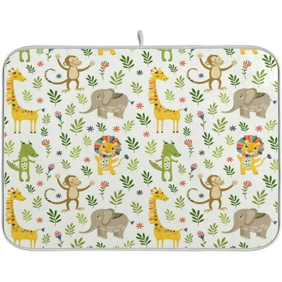FREEAMG Cartoon Animals Giraffe Elephant 16 x 18 Inches Absorbent Dish Drying Mat Microfiber Kitchen Countertop Table Protector Multi-Purpose Counter Rack Sink Drainer Pad