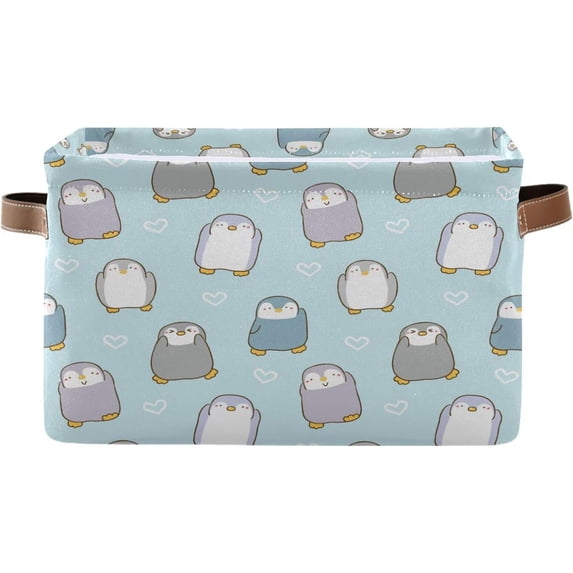 FREEAMG Cartoon Penguin and Heart Large Square Storage Basket Bin with Handles 2PCS,Foldable Multi Functional Closet Storage Box Shelf Basket for Storing Toys, Books and Clothes
